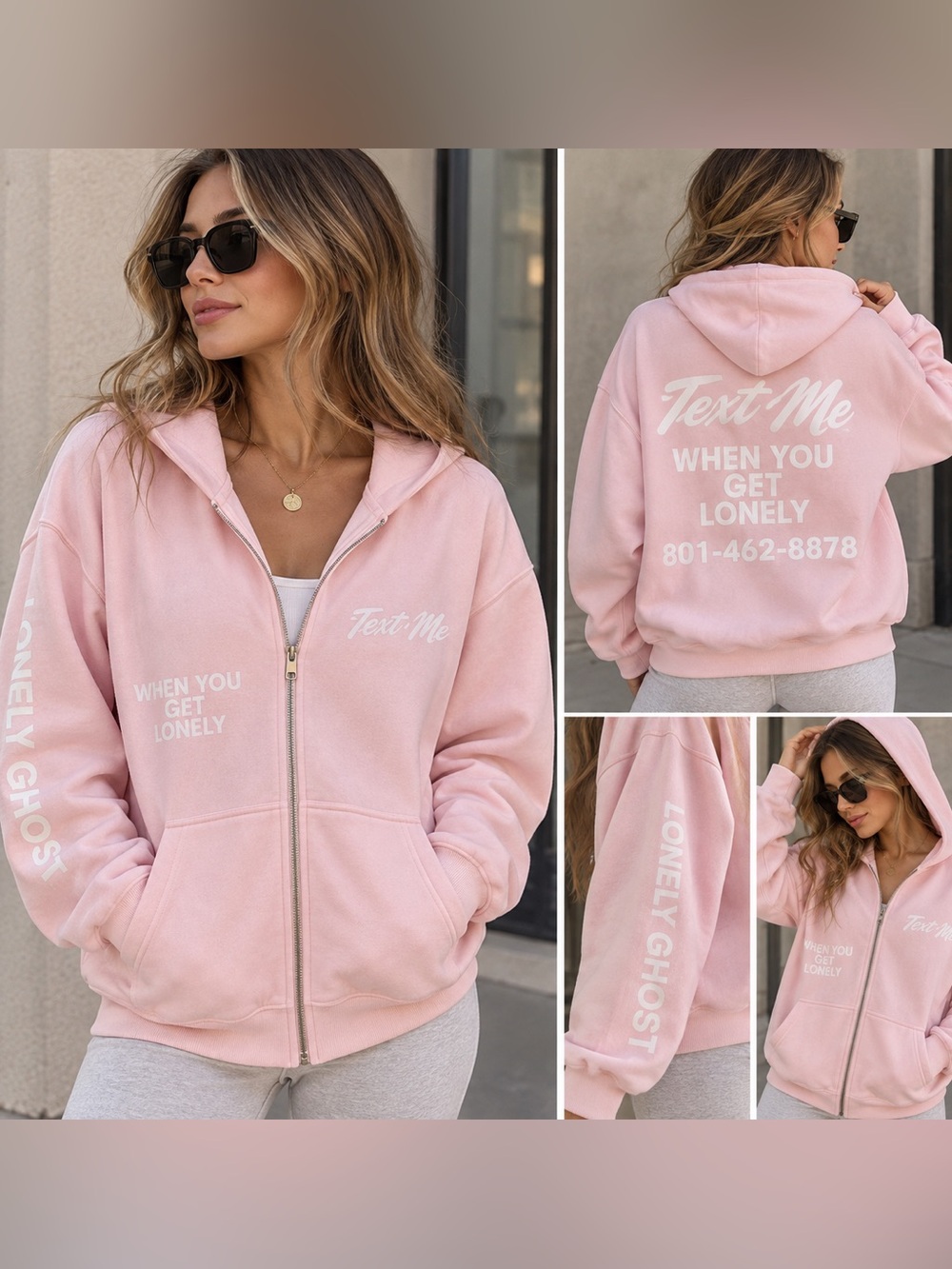 Lonely Ghost x PacSun Text Me Pink Full Zip Hoodie Sweatshirt SOFT NWT M